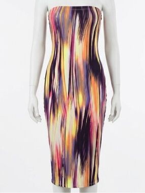 Fashion Nova Strapless Midi Dress in Purple, Neon and Pink Brushstroke Print